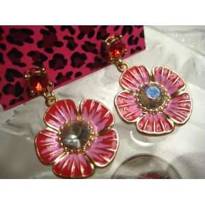 Betsey Johnson Brilliant Red & Pink Flowers Earrings