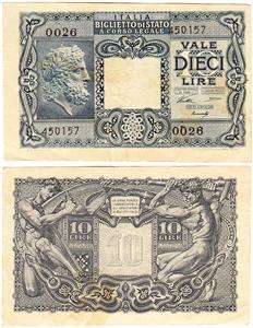 1944 Italy 10 Lire Bank Note Jupiter P 32a  