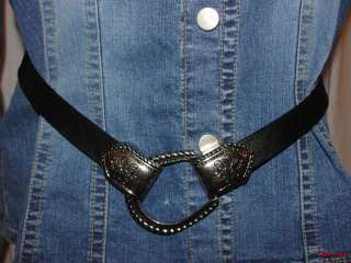 BFS02~CHICOS Black Leather Silver tone Ring & Hook Closure Belt Size S 