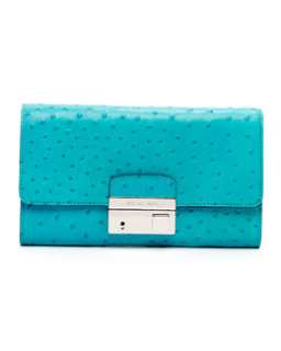V142U Michael Kors Gia Ostrich Embossed Leather Clutch, Turquoise