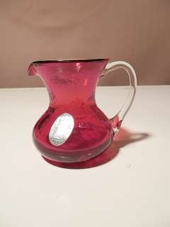PILGRIM RUBY BLOWN ART GLASS PITCHER   CLEAR HANDLE   ORIGAINAL LABEL 