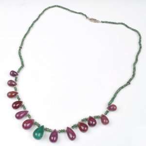   Strand Natural Cabochon Emerald & Ruby Drops Beaded Necklace Jewelry