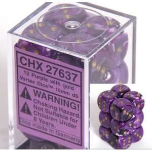   Dice 16mm d6 Purple/gold Dice Block 12 pipped dice Toys & Games