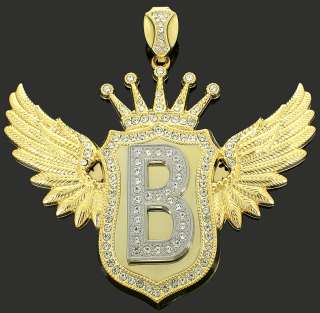 Mens Custom 14k Gold Plated Bling Initial Hip Hop Wing Pendant Iced 