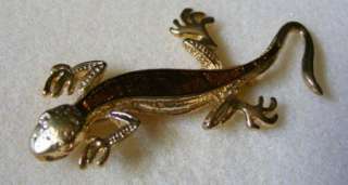 Vintage Estate Jewelry Gold Tone & Enamel Lizard Brooch Pin  