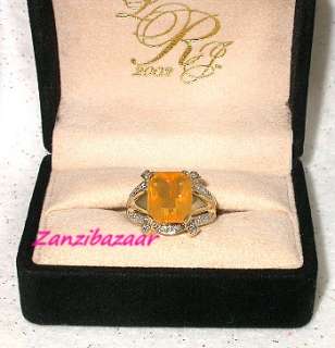   RAMSEY 14K GOLD RARE EMERALD CUT ORANGE OPAL & DIAMOND DESIGNER RING