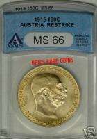 1915 GOLD AUSTRIA 100 CORONA RS COIN ANACS MS 66  