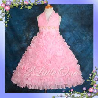 Embossed Flower Girl Halter Dress Wedding Pageant Party Pink Size 4 5 