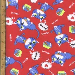   Blue Cats, Fish Bowls, Fish Bones and Hearts (Red Background), Fabric