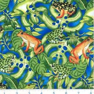  45 Wide Rainforest Frogs & Foliage Blue Fabric By The 
