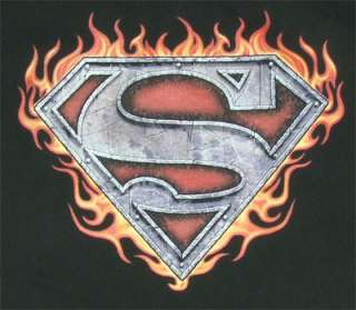 This t shirt features a metallic Superman logo in front of fire.