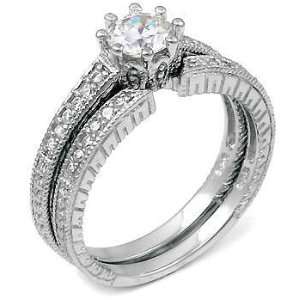 925 Sterling Silver Wedding Ring Set, Eight Prong CZ Center Stone 