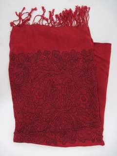 DESIGNER Red Silk Black Embroidered Floral Print Scarf  