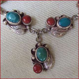 STERLING SILVER CORAL TURQUOISE LEAF NECKLACE NEPAL  