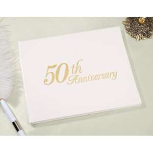 50th Wedding Anniversary Party Guest Book Embossed White Gold  