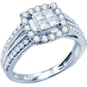 CERTIFIED 14k White Gold Princessand Round Diamond Ladies Bridal Ring 