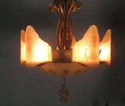 Outstanding Art Deco 7 Light Slip Shade Chandelier c. 1925 Nouveau 