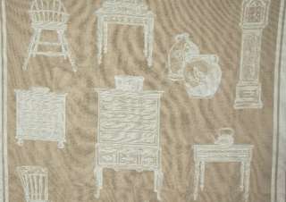  cotton coverlet has a country motif with chairs, baskets, pottery 
