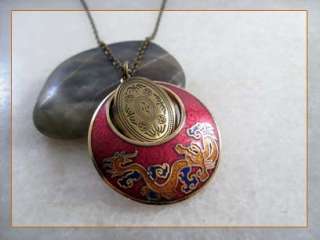   Chinese Dragon Red Gold Plated Cloisonne Brass Locket Pendant Necklace