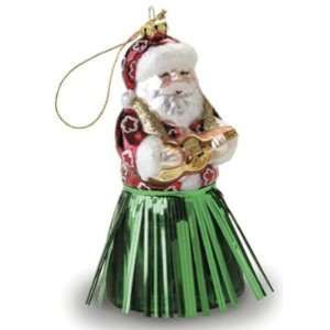 Hawaiian Ukulele Hula Santa Glass Christmas Ornament