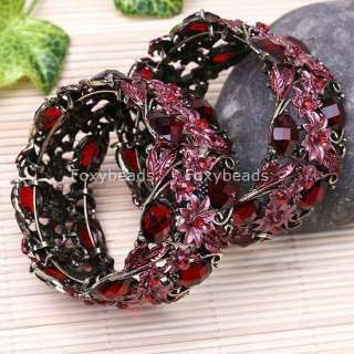 RED Resin Crystal Flower Cuff Bronze Wide Bracelet Gift  