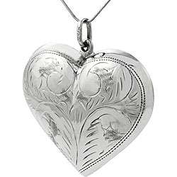 Sterling Silver Etched Puffed Heart Necklace  