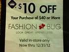 Fashion Bug coupon   $10 off on purchase of $40 or more