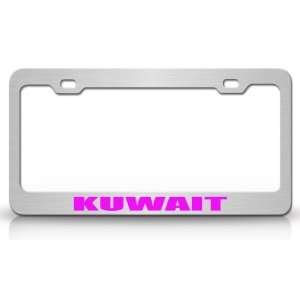 KUWAIT Country Steel Auto License Plate Frame Tag Holder, Chrome/Pink