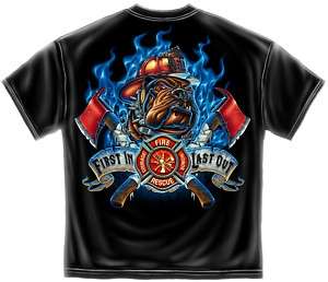 First In Last Out Bulldog Firefighter T Shirt Size SM  