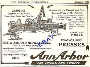 1911 ANN ARBOR STEAM & HORSE POWER HAY PRESS AD MICH  