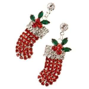  Christmas Jewelry Red Socks Silver Tone Crystal Rhinestone 