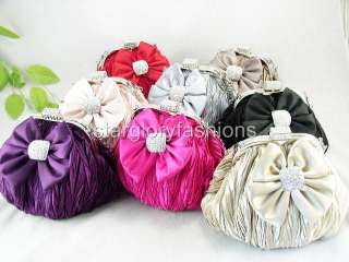 Cute Crinkled Crystal Bow Wedding Clutch Purse 8 Colors  