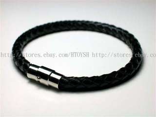 Mens Cow Leather Black 316L Stainless Steel Bracelet P  