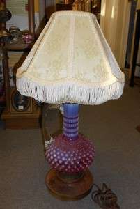   Opalescent Hobnail Cranberry Glass Lamp w Shade Unique Rare  
