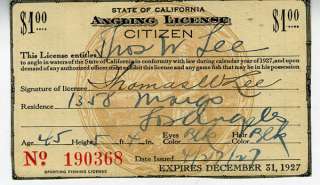 1927 State of California Fishing Anglers License w/ Calif Seal  