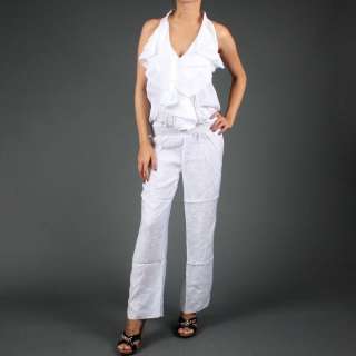 White Ruffled Halter Smocked Linen Pant Suit Jumpsuit S Size  