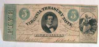 1862 $5 RICHMOND VIRGINIA TREASURY NOTE CIVIL WAR  