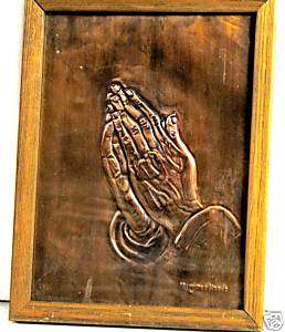 THE PRAYING HANDS copper foil relief sculpture 10x 13  