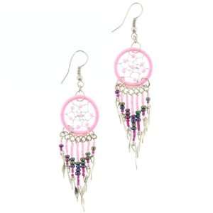 Pink Colored Dream Catcher Earrings with Pink and Multicolor Dangling 