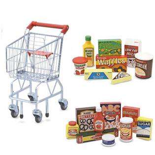   Shopping Cart + Wooden Pantry Products & Fridge Food Set 