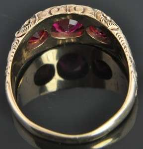   10K Yellow Gold Syn Ruby Three Stone Victorian Cigar Etched Band Ring
