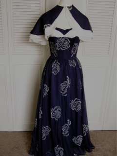 Vtg 40s 50s Navy Floral Chiffon Strapless Ball Prom Gown Dress 