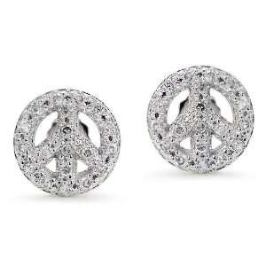  Sterling Silver Pave CZ Peace Sign Earrings Jewelry