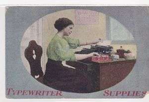 Typewriter supplies antique lady secretary 1900s office view postcard 