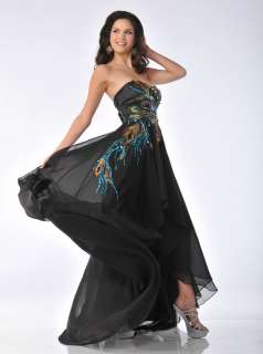 LONG STRAPLESS GOWN PEACOCK FEATHERS FORMAL PROM DRESS BLACK TIE EVENT 