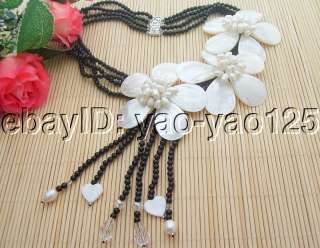Charming White Pearl&Shell&Onyx&Crystal Necklace  