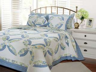   3pc Queen Quilt Set White Blue Yellow Wedding Ring Paisley Reversible
