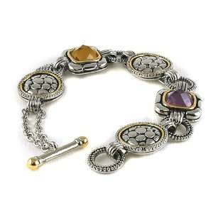 Sculpted Two tone Link Bracelet with Hazel and Purple Stone and Fancy 