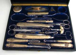 Early 1800s Mens Grooming Set Leather Sterling Silver  