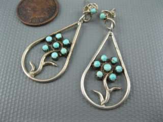 Old Zuni Sterling Sleeping Beauty Turquoise Flower Earrings  